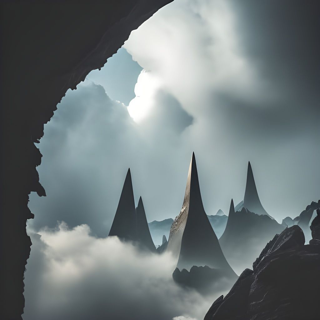 Winding stairway up jagged sharkstooth mountains