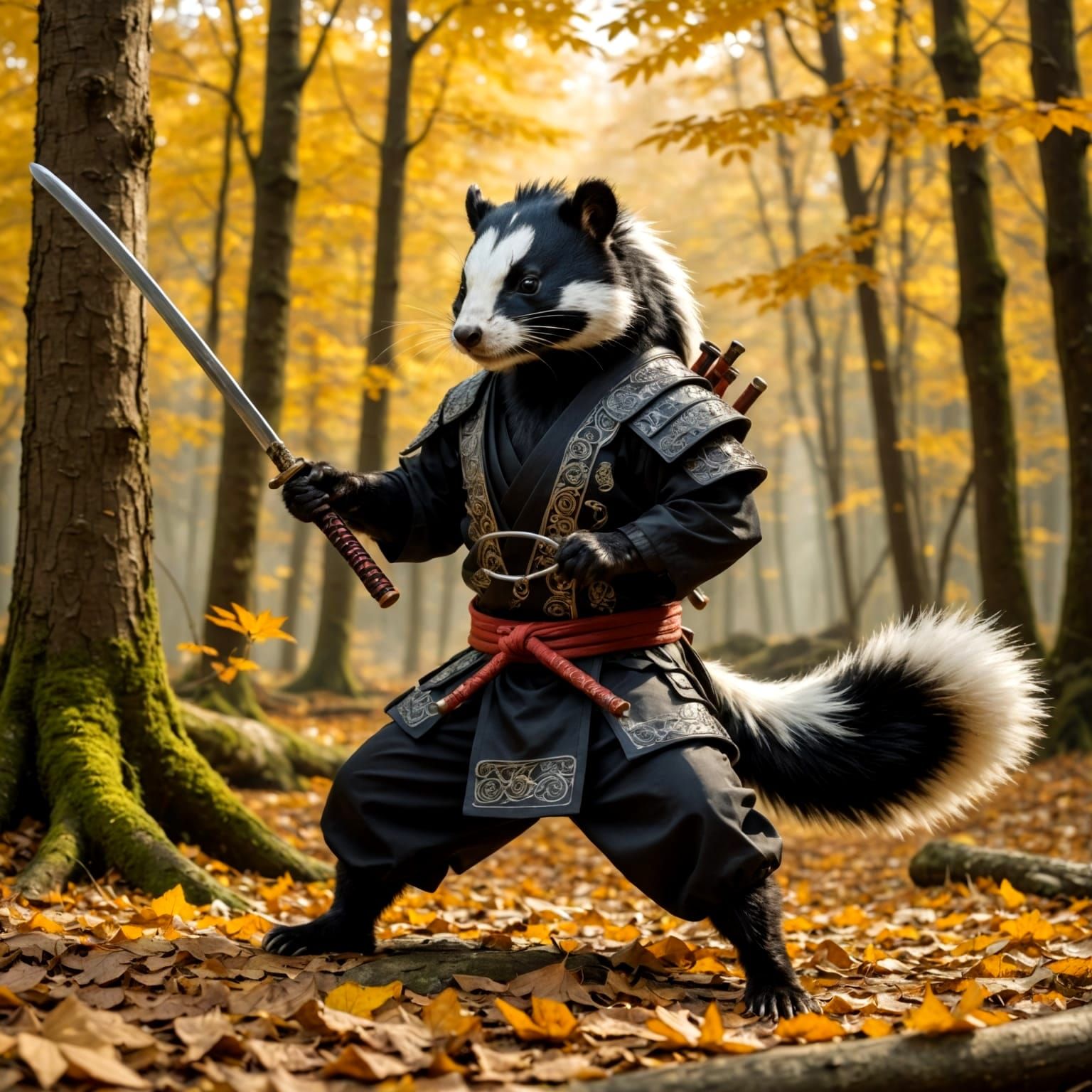 Samurai Skunk Training in Autumn Forest