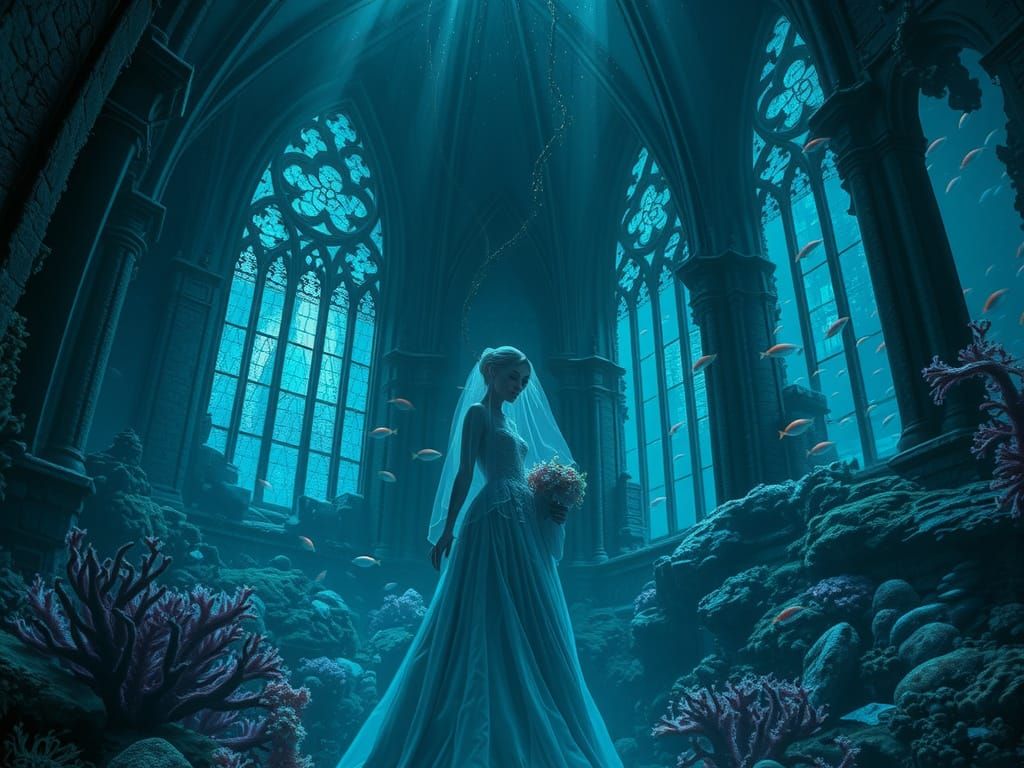 Spectral Bride in Submerged Gothic Cathedral