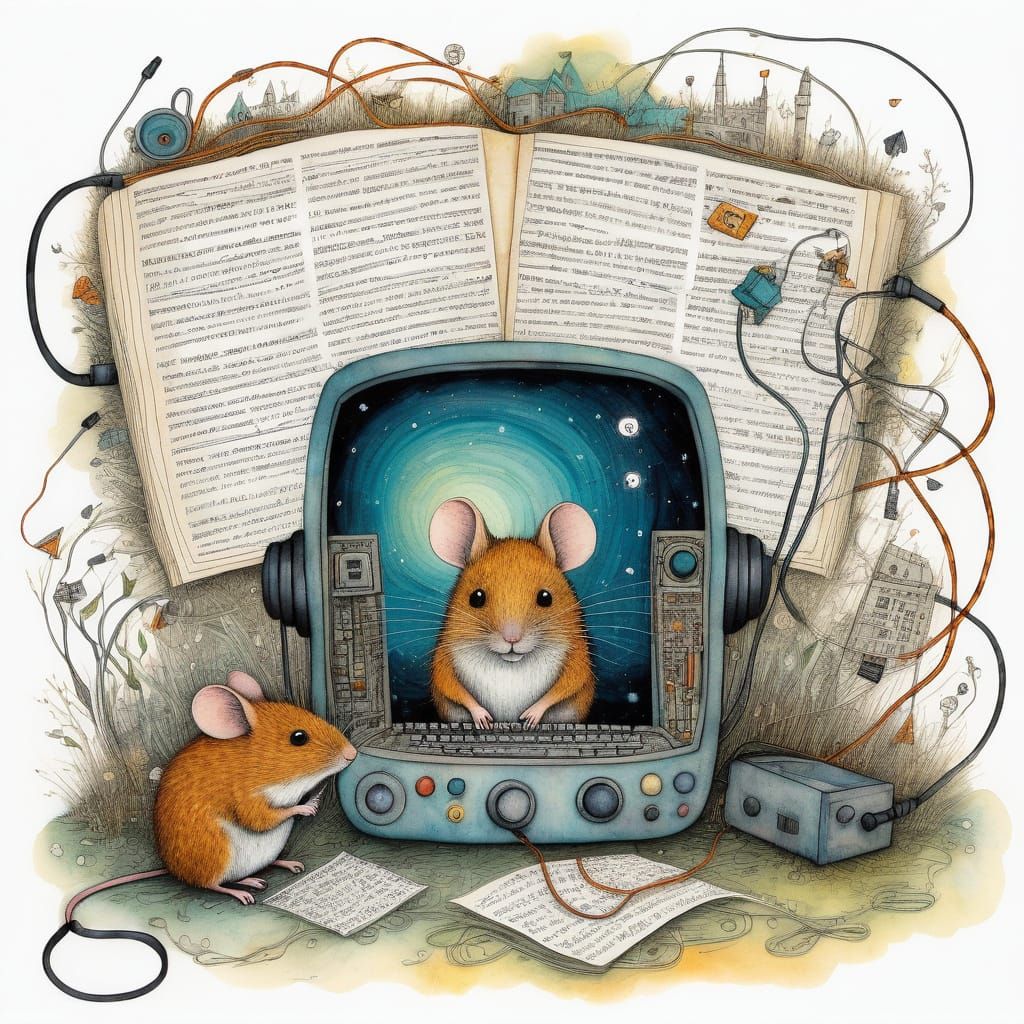 Magical Mouse Operating the Internet: Watercolor Illustratio...