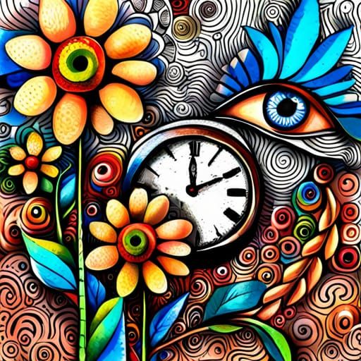 Mixed Media Painting of Flowers, Eye, and Clock