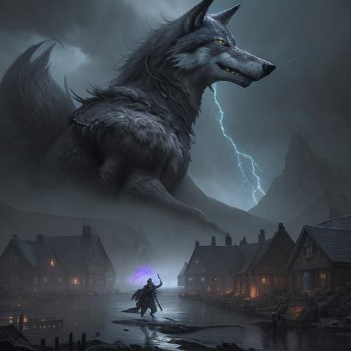 Norseman vs Giant Wolf in Stormy Village