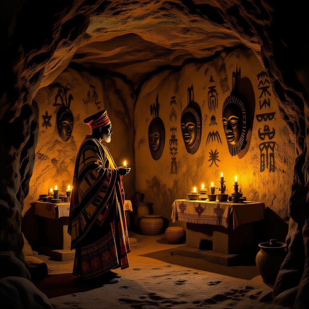 African Elder in Secret Cave with Masks