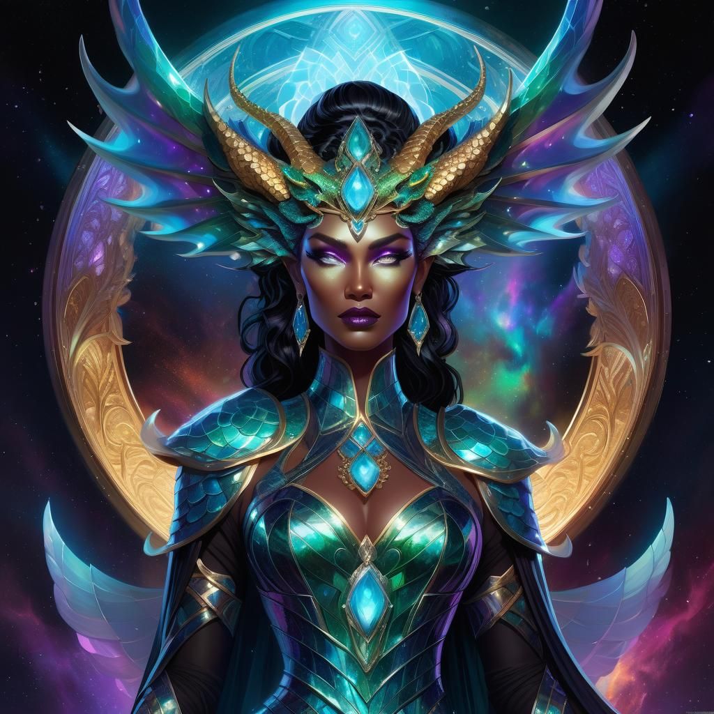 Grecian Goddess with Dragon Tattoo in Nebula