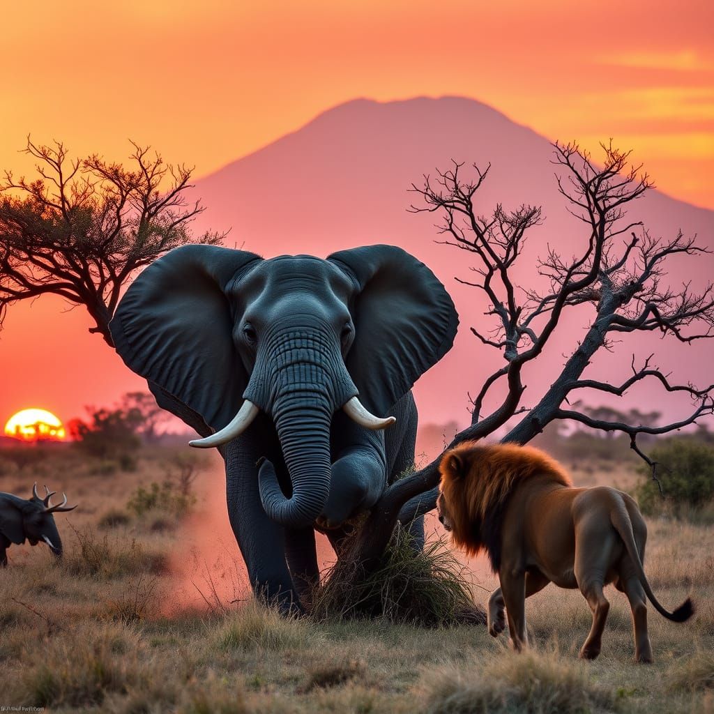 Elephant Charges Lion in Dramatic Sunset Landscape