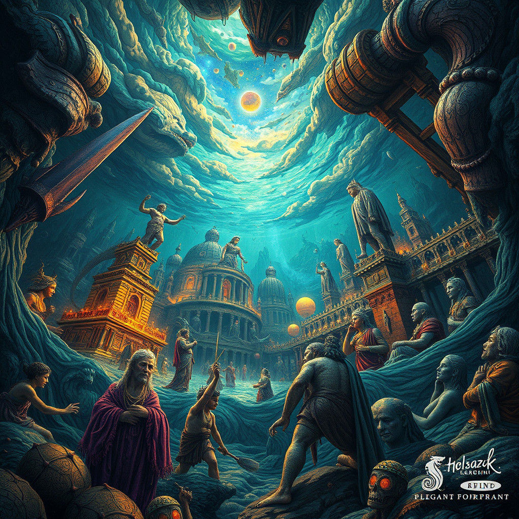 Submerged Civilizations: Surreal Statues in Abstract Style