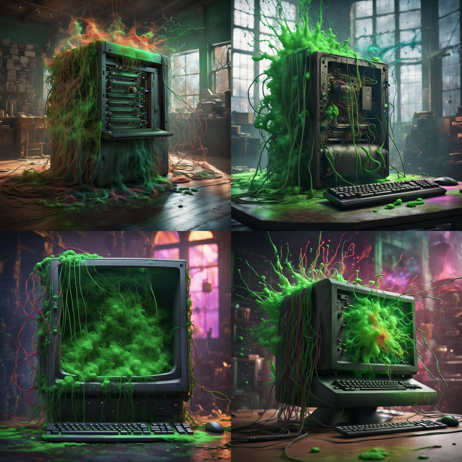 Vintage IBM Computer Exploding in Colorful Digital Art