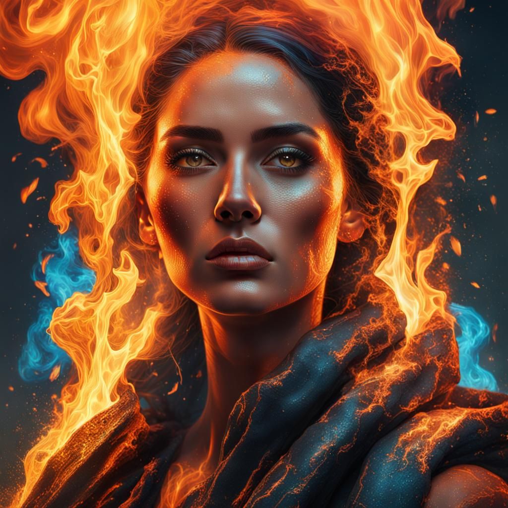 Hyperrealistic Woman Holding Fire in Dramatic Lighting