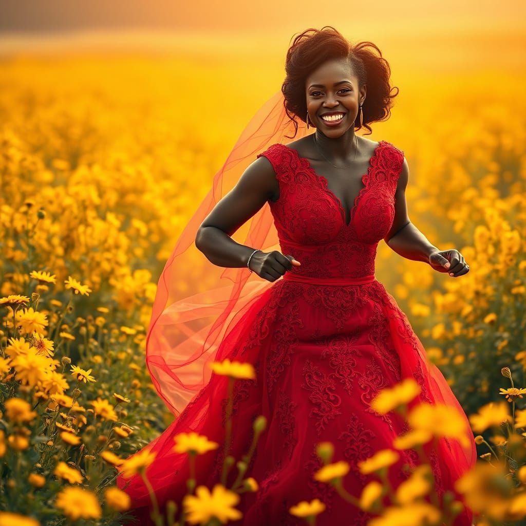 Radiant Black Bride in Vibrant Yellow Field