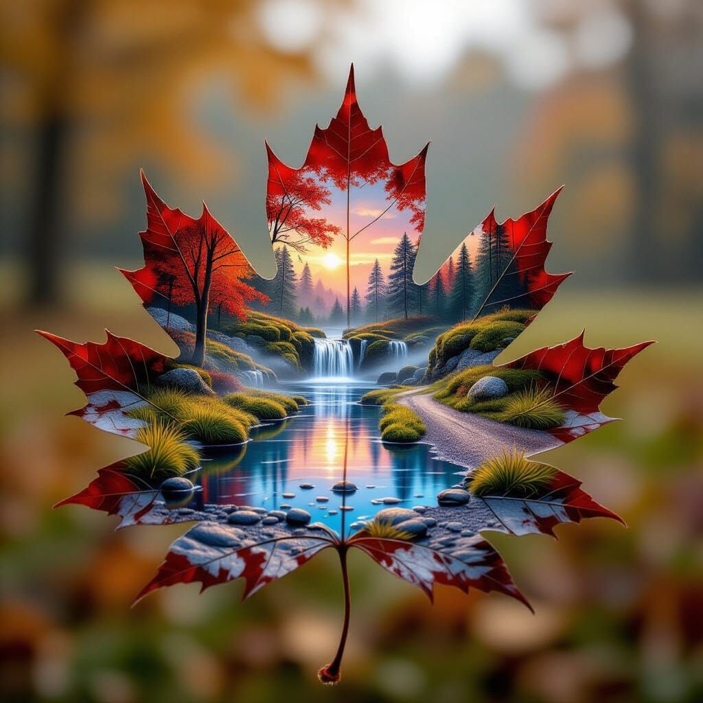 Maple Leaf Puddle Reflects Misty Autumn Landscape