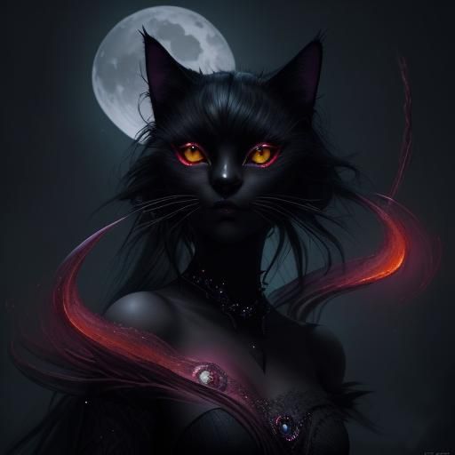 Eerie Black Cat with Red Eyes in Fairytale Art