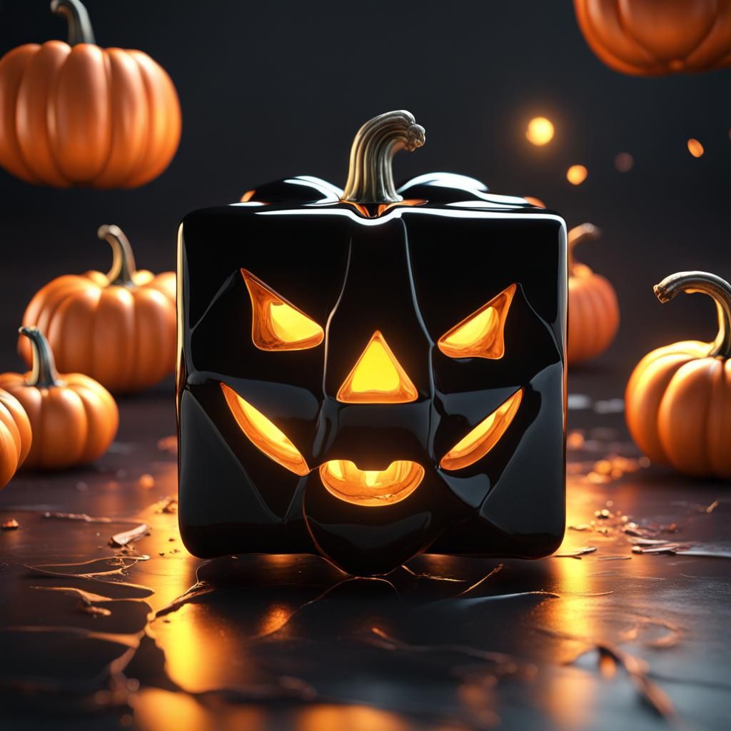 Black Glass Pumpkin Cube with Volumetric Lighting