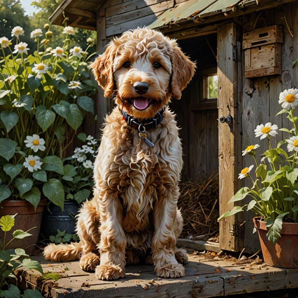 Joyful Labradoodle Puppy Portrait in Impasto Style