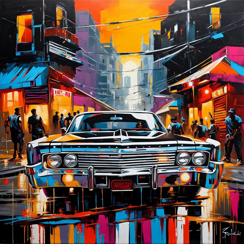 Vibrant Ghetto Slum: Lowrider in Impasto Style