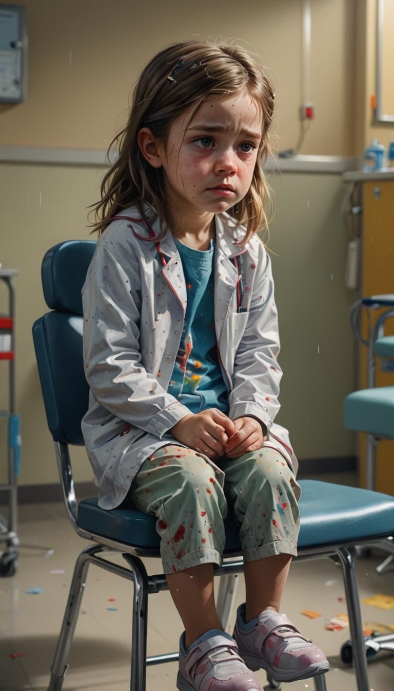 Sad Girl in Hospital Waiting Room: Hyperrealistic Splash Art