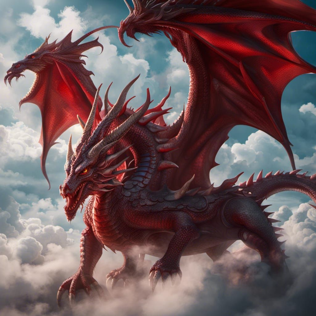 Majestic Red Dragon Ascending Through Clouds