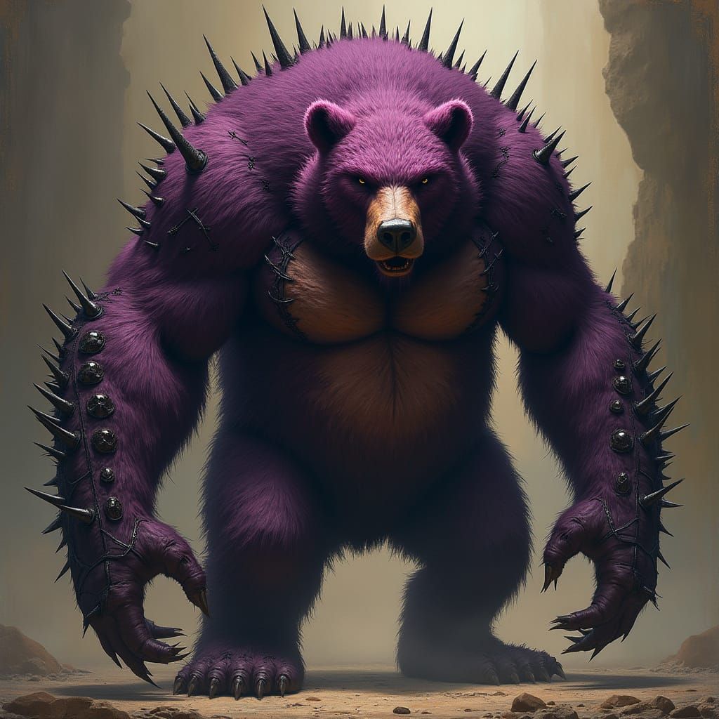 Fierce Purple Bear with Metallic Spikes and Stitches