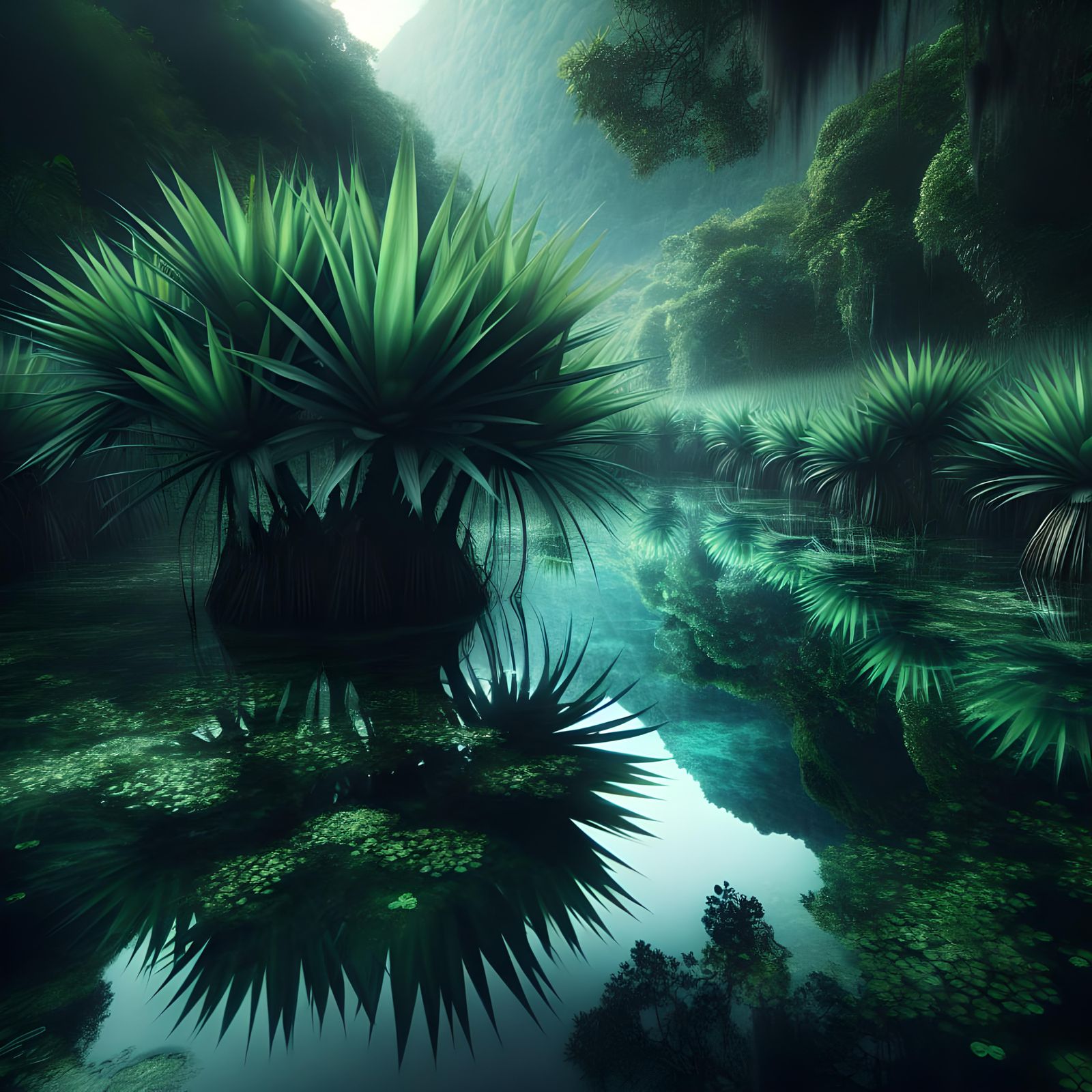 Lush Pandanus Tree Reflects in Serene Swamp