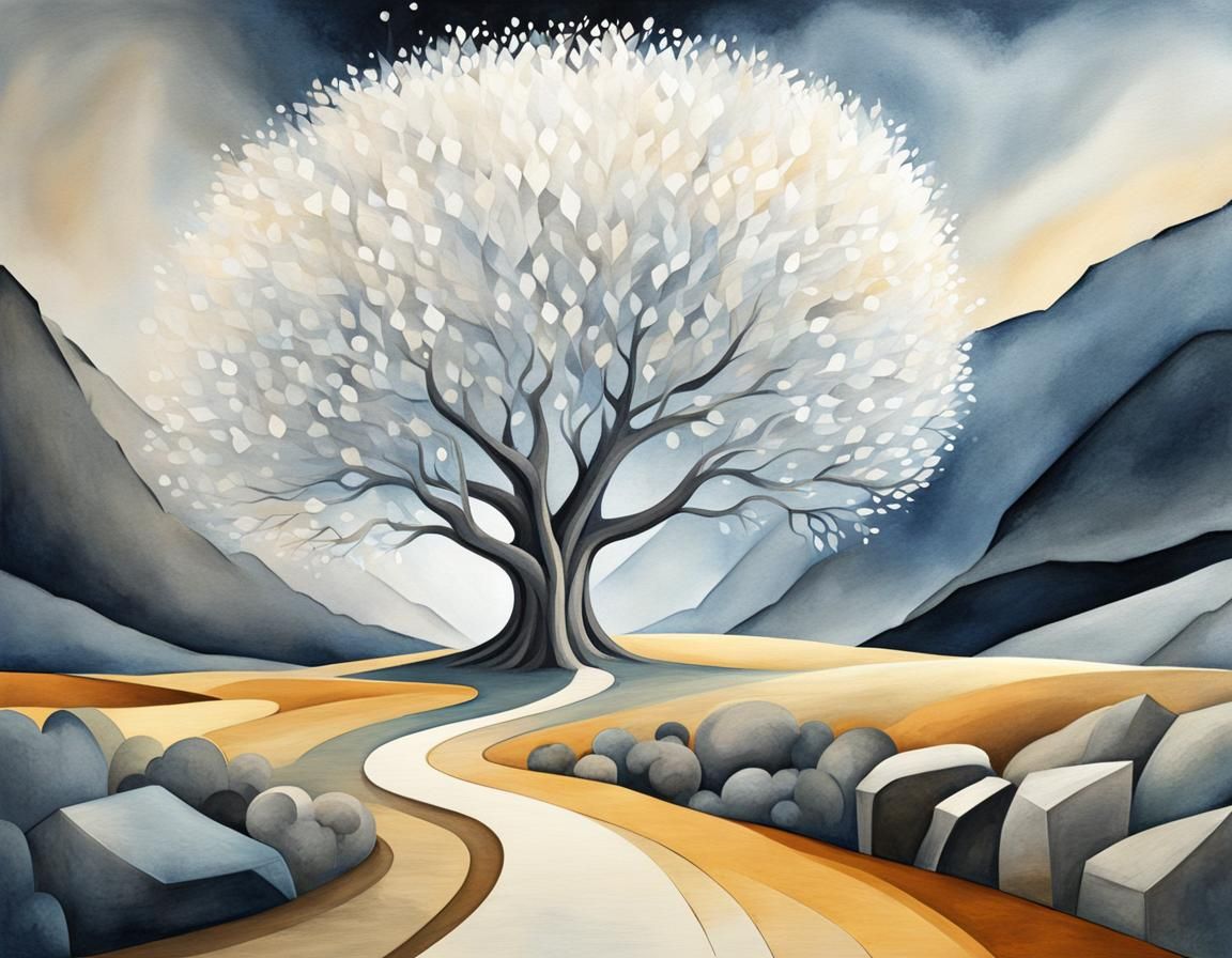 Neo-Cubist Tree of Life in Abstract Wasteland