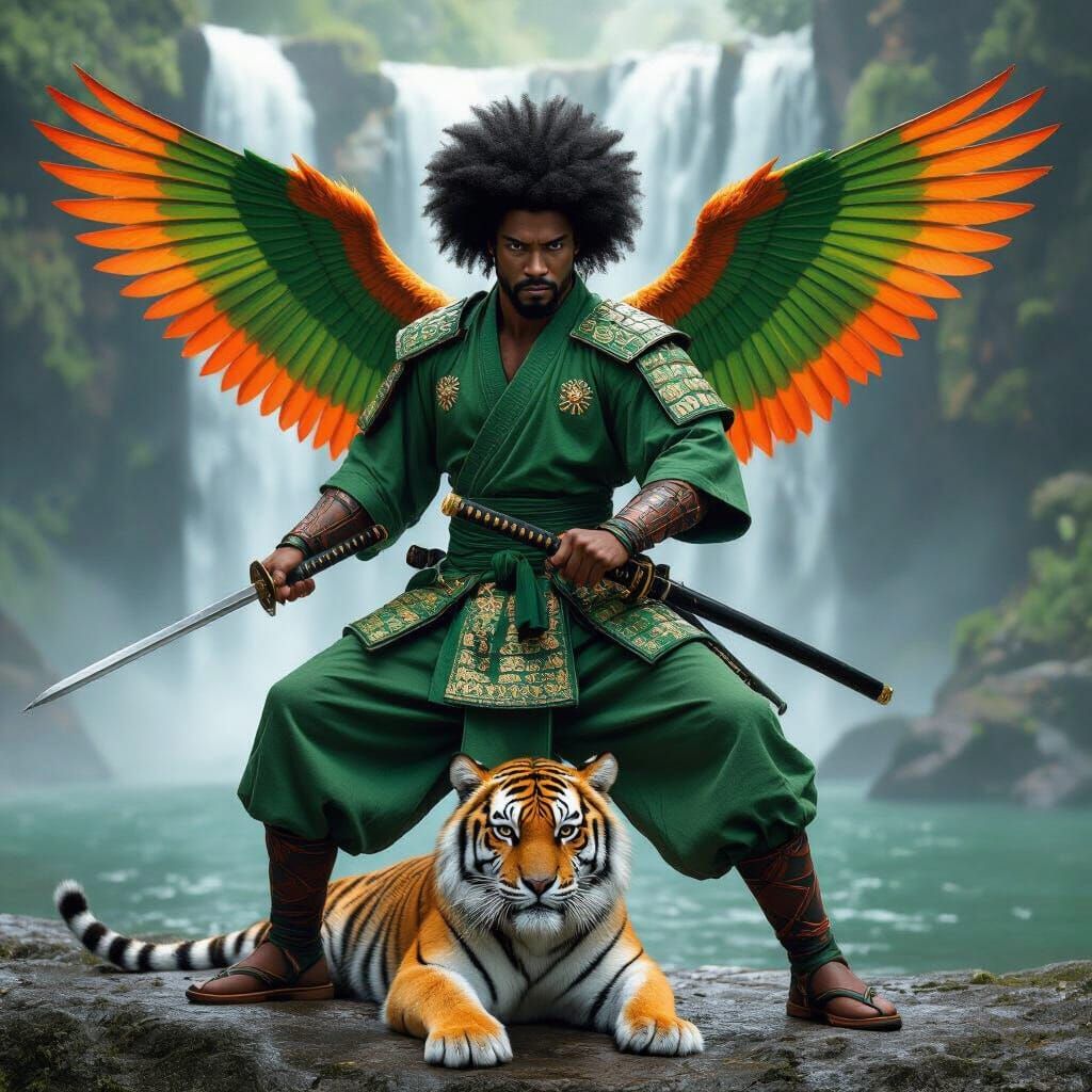 African Samurai Warrior with Tiger and Wings in Kung-Fu Stan...