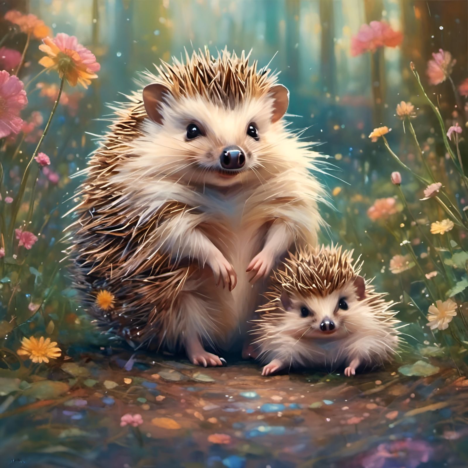 Playful Daddy and Baby Hedgehog in Colorful Style