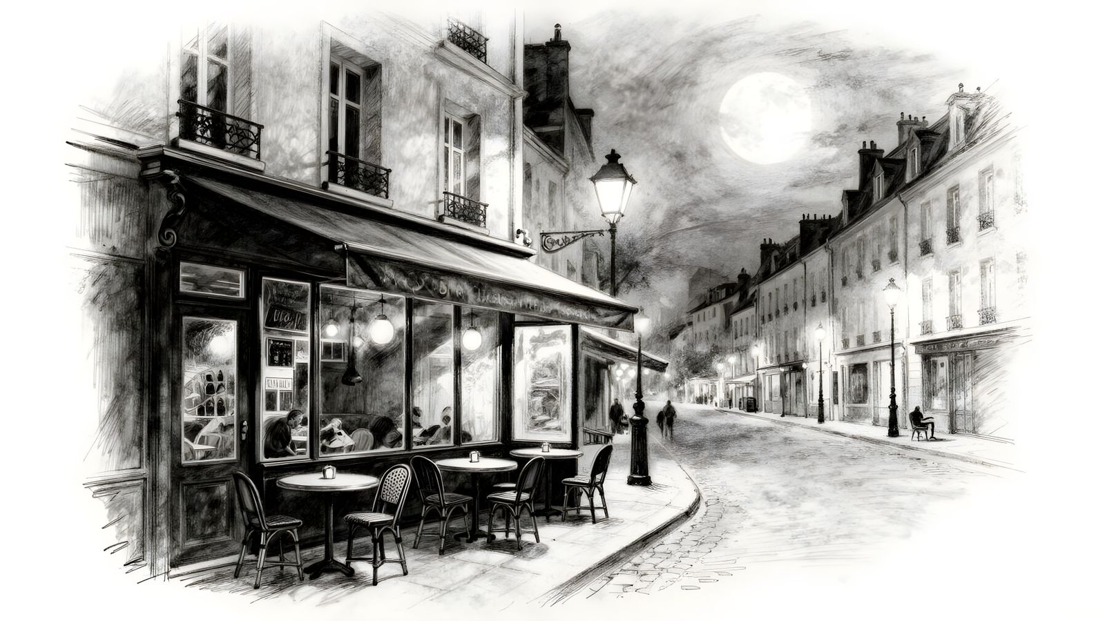 Charcoal Drawing of a French Street Cafe at Night