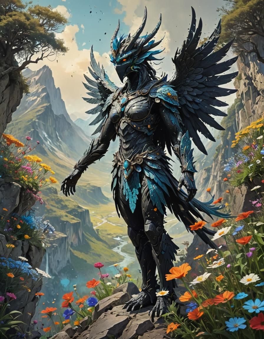 Serene Garuda with Wildflowers and Mountain Silhouette