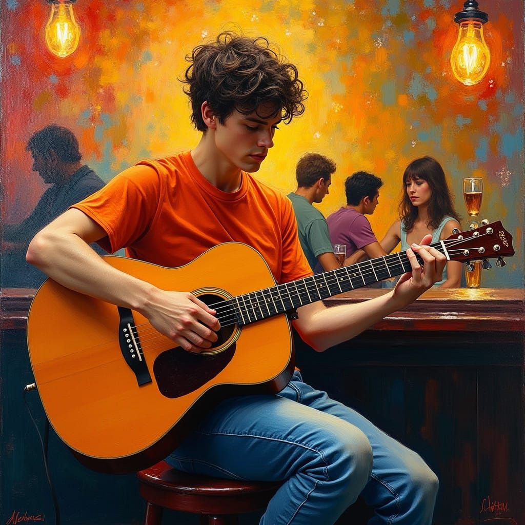 Expressive Guitarist in Vibrant Bar Scene
