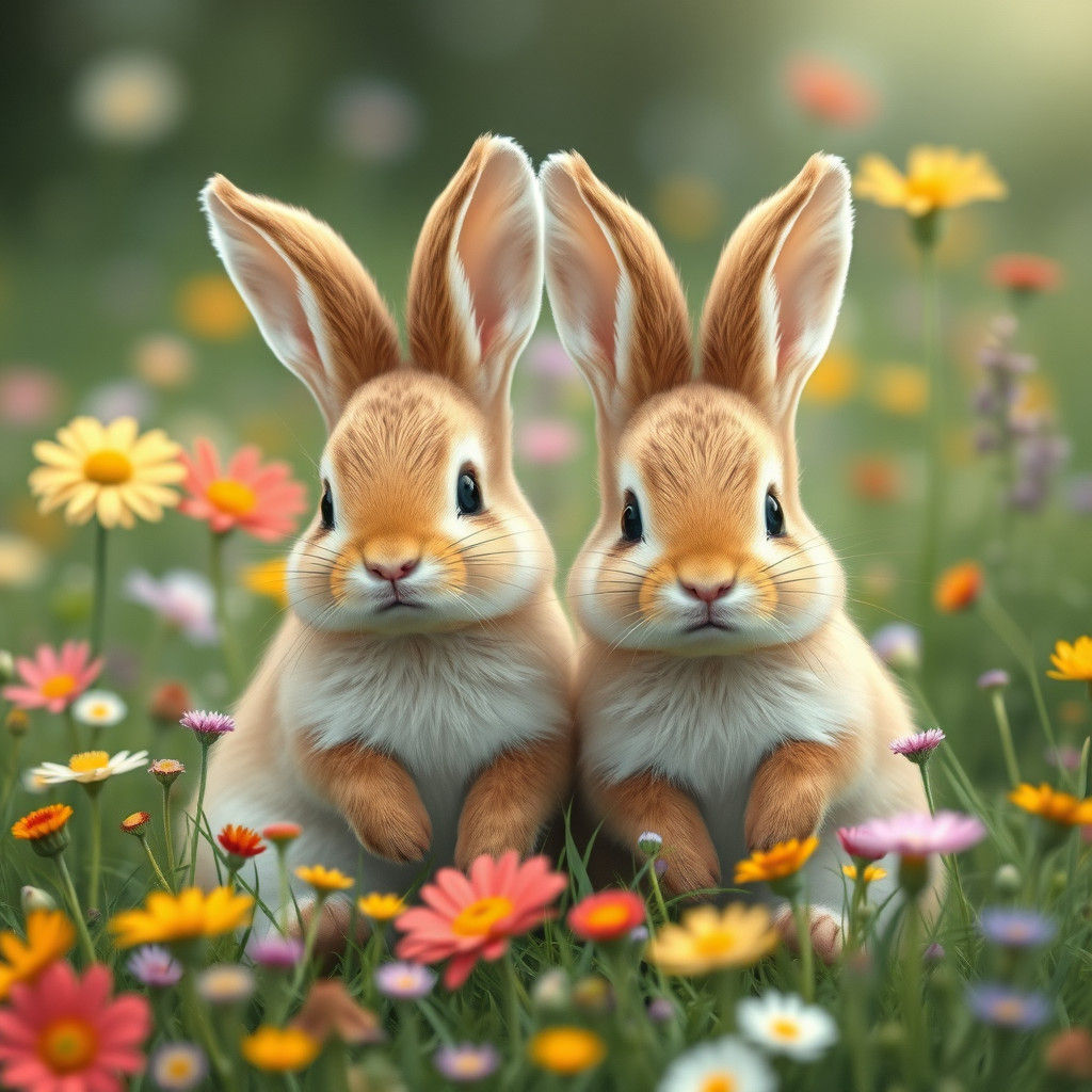 Twin Rabbits in Wildflower Meadow, Storybook Art