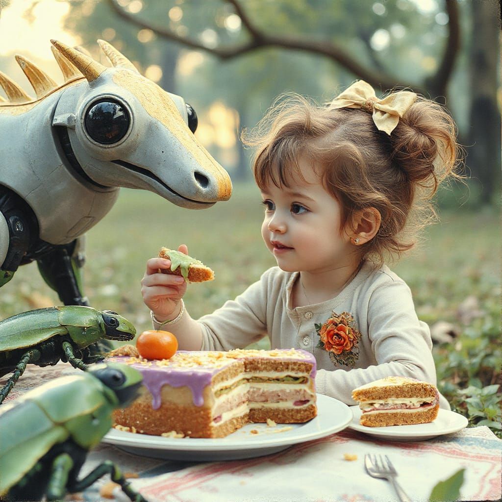 Child's Futuristic Picnic With Robots and Neon Cake