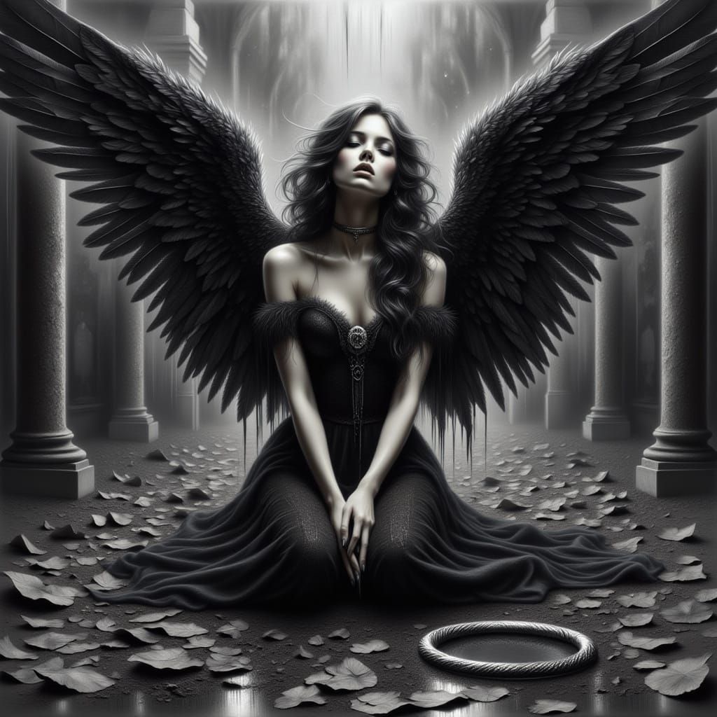 Fallen Angel Weeping in Ruined Chapel