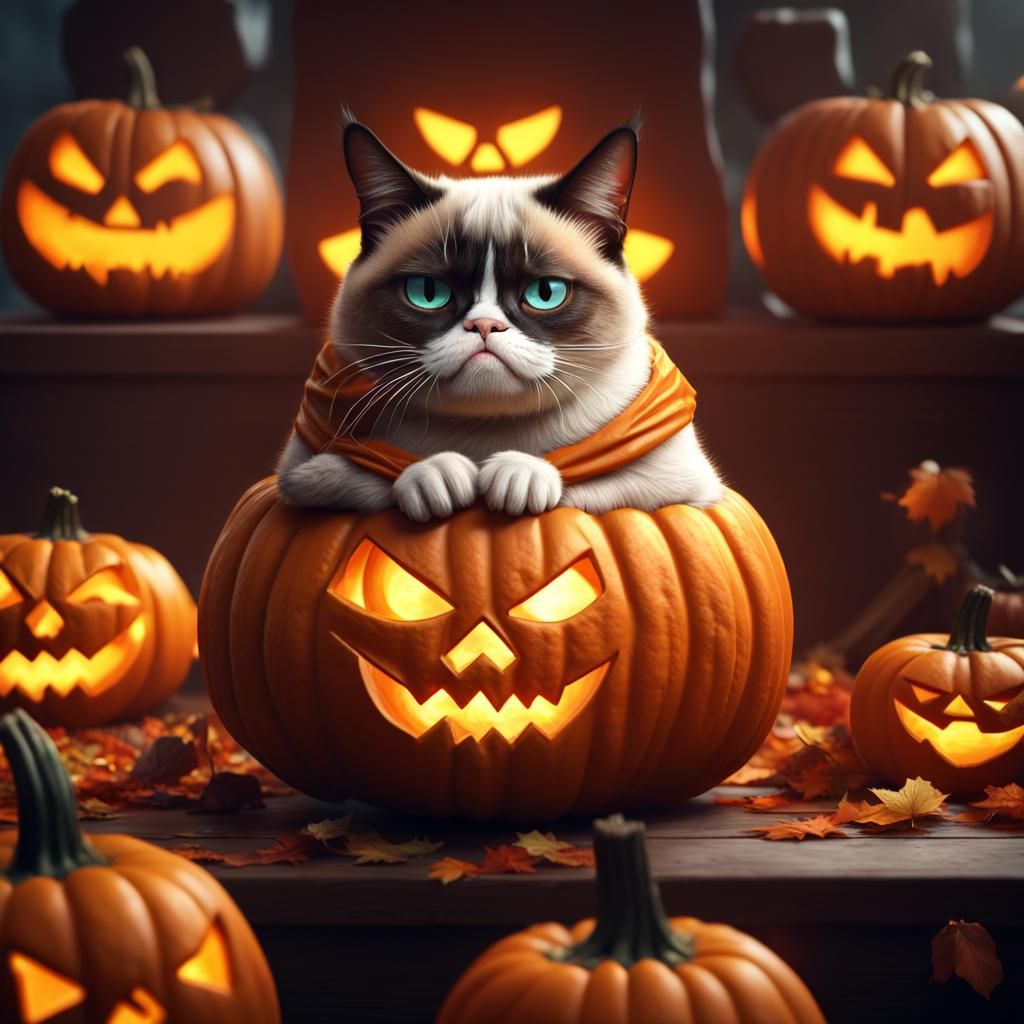 Grumpy Cat in Jack-o-Lantern: Matte Painting