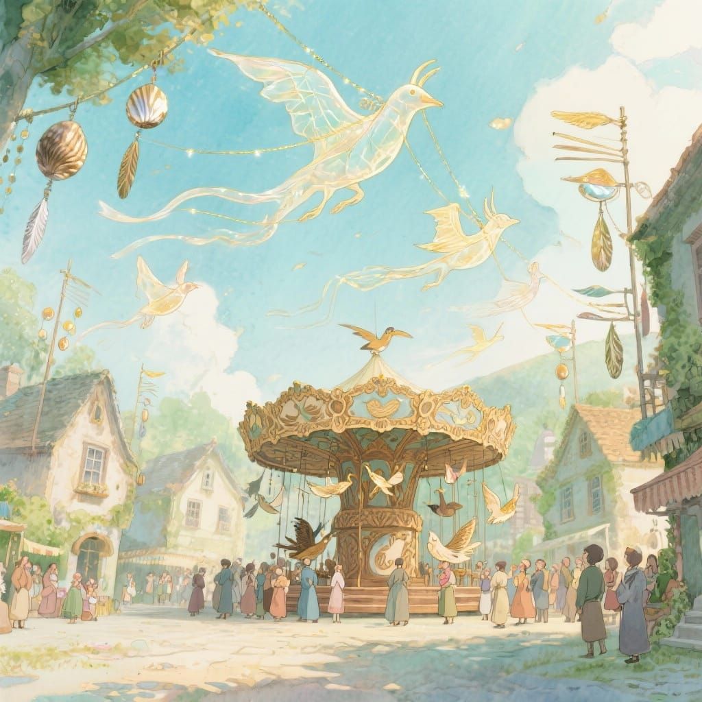 Whimsical Village Festival with Giant Kites in Watercolor St...
