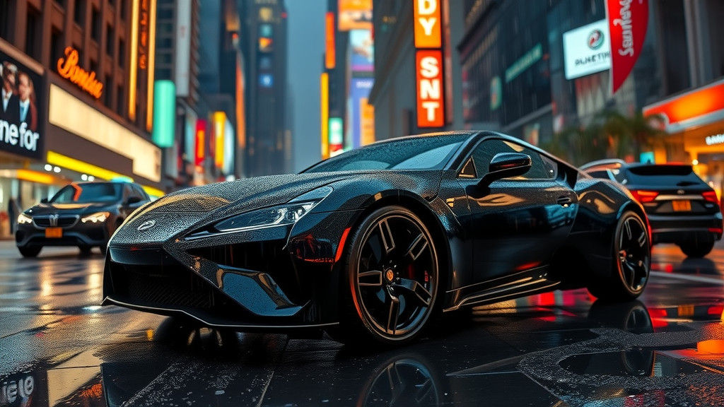 Black Car Glistening in Rainy City Night, Photorealistic