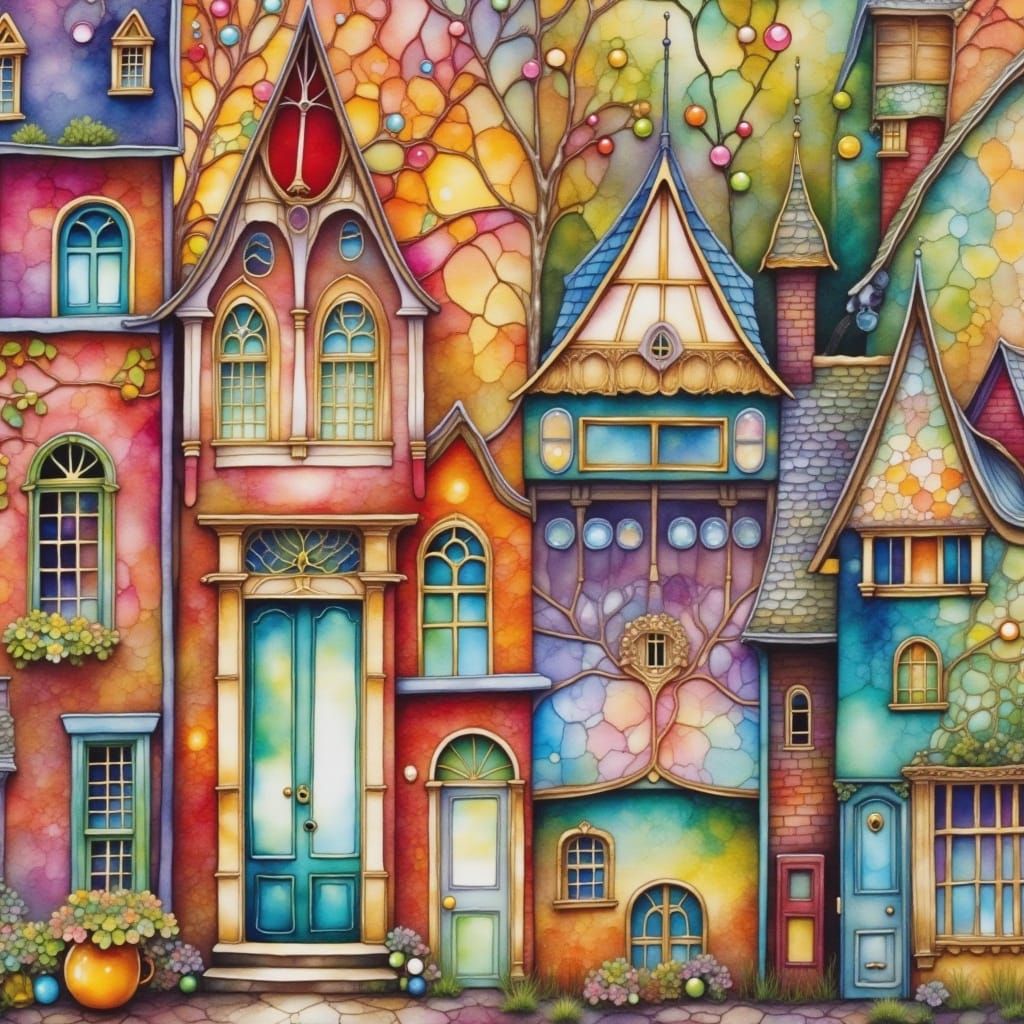 Vibrant Stained Glass Houses Amidst Whimsical Floral Landsca...