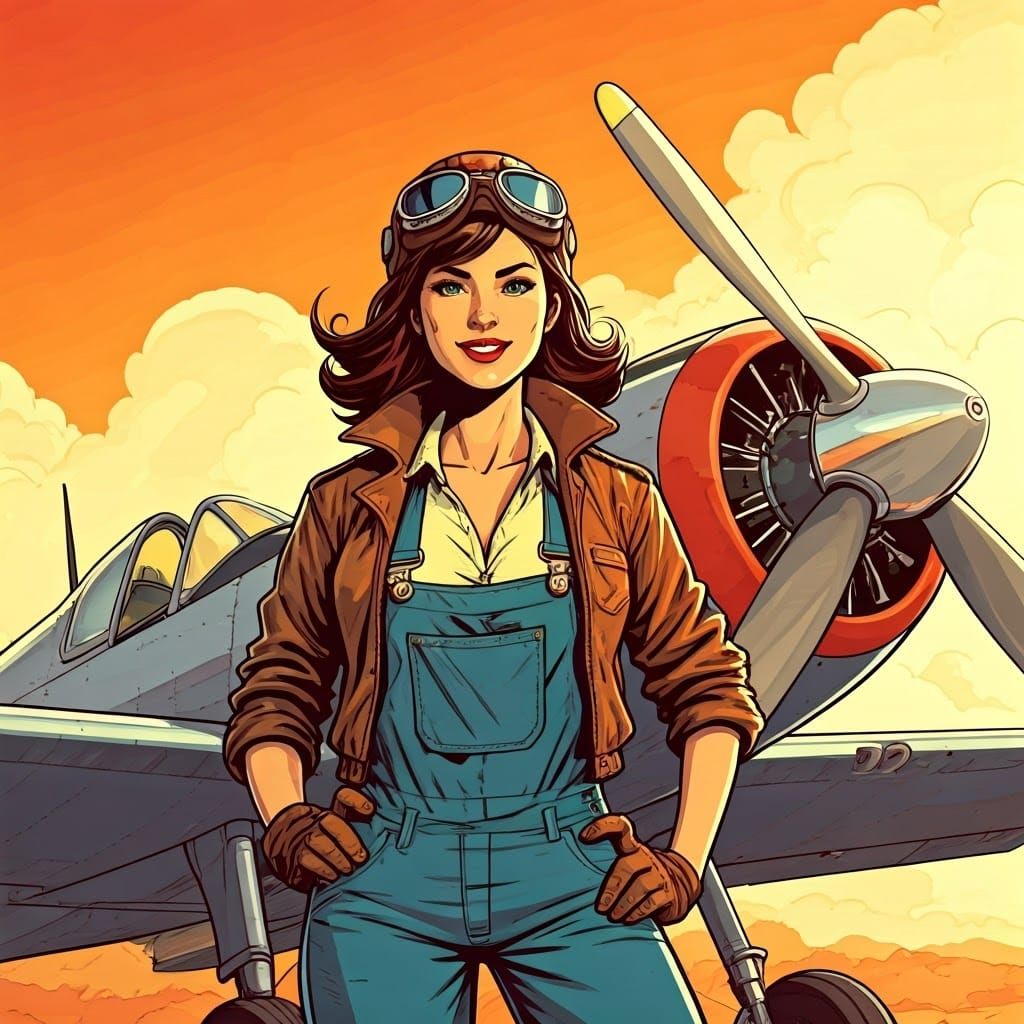 Retro Aircraft with Female Pilot in Love and Rockets Style