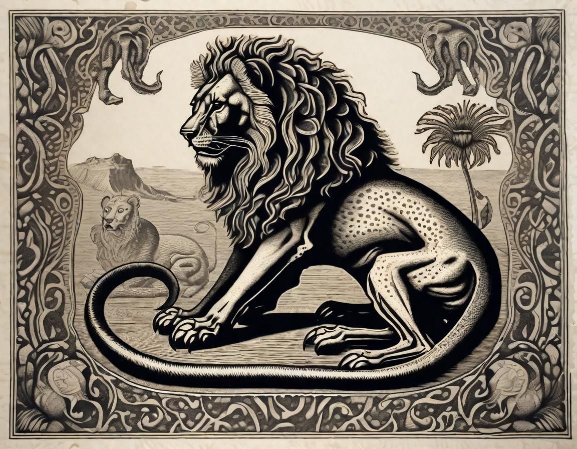 Baroque Woodcut Print of a Lion-Scorpion-Cheetah Chimera