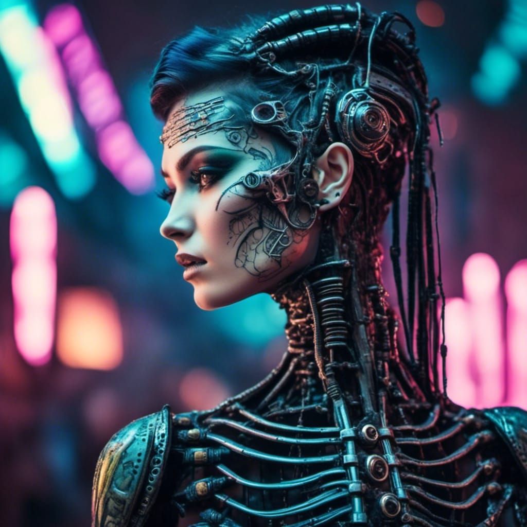 Cybergoth Woman with Tattoos in Biomechanical Style