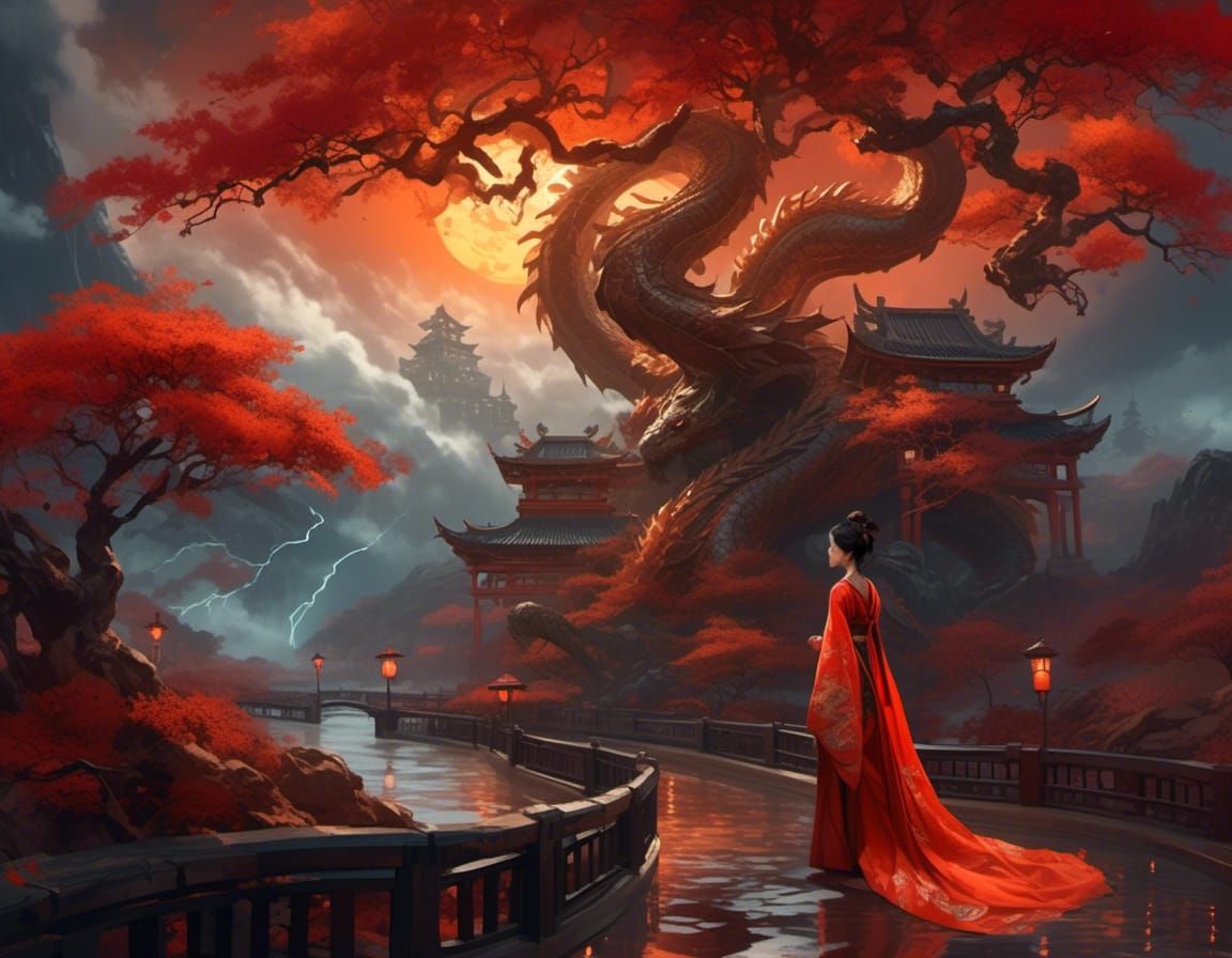 Woman, Dragon, and Lantern in Oriental Landscape
