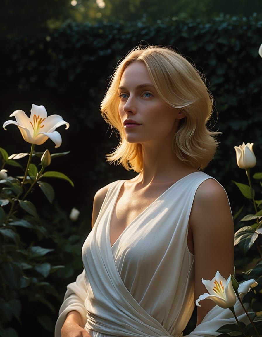 Serene Garden Goddess in Chiaroscuro Light