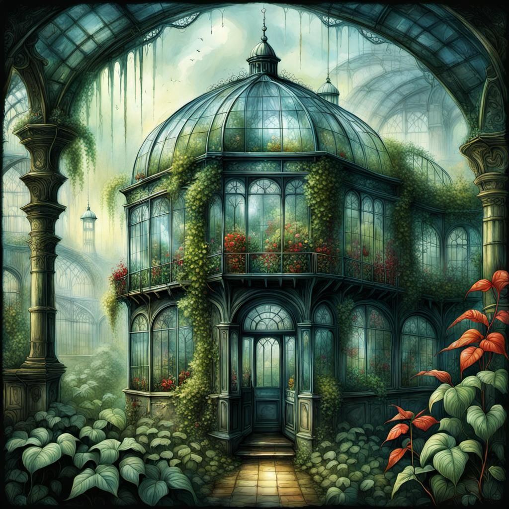 Victorian Glasshouse Dreamscape: Whimsical Mural in Oil and....