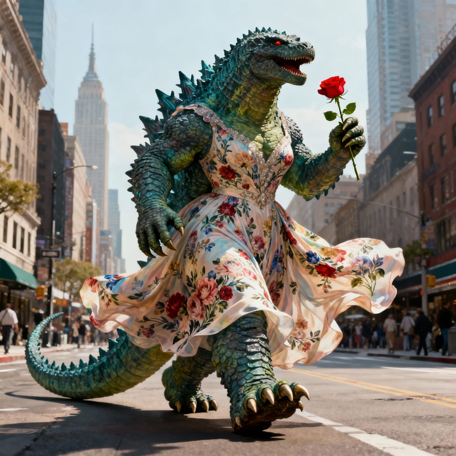 Godzilla in Dolce Gabbana Dress with Rose