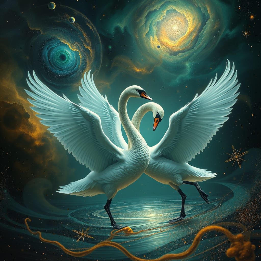 Cosmic Swans Dance in Nebulae, Ethereal Art
