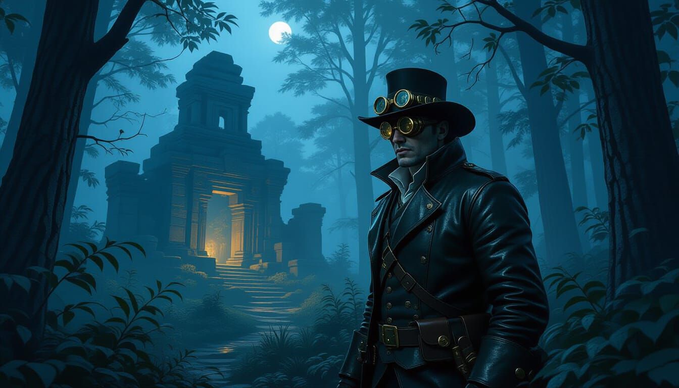 Victorian Explorer in Foggy Forest with Ruins