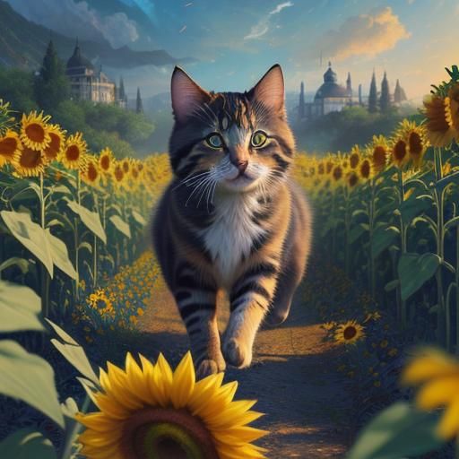 Kitten's Sunflower Frolic: Hyperdetailed Digital Art