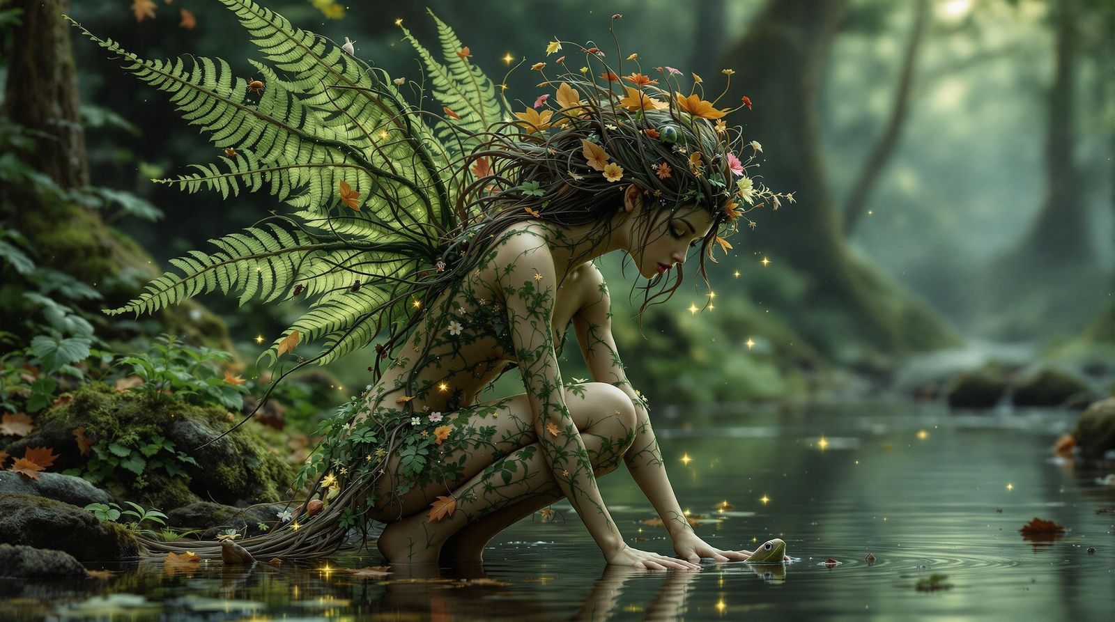 A wild, untamed nature fairy wearing a miss dress, with wing...