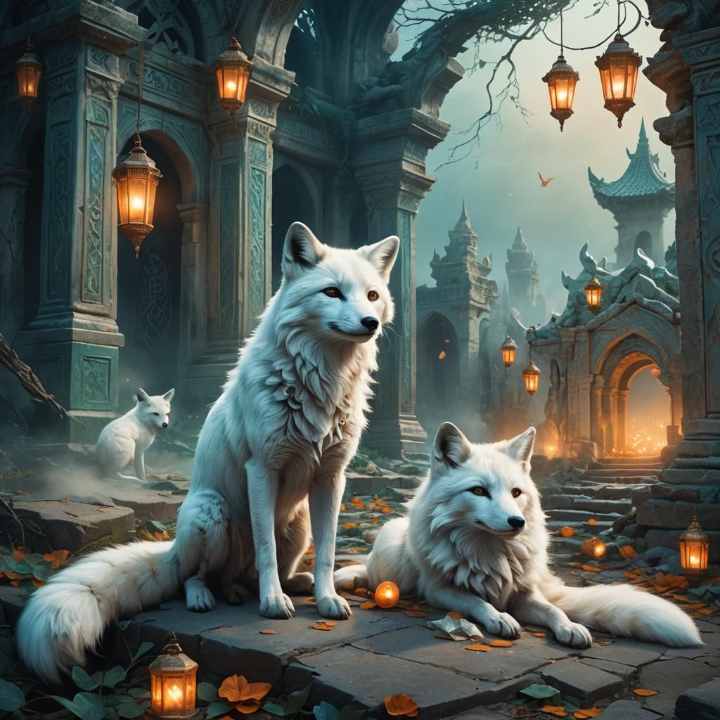 White Fox Mourns Owner in Misty Ruins