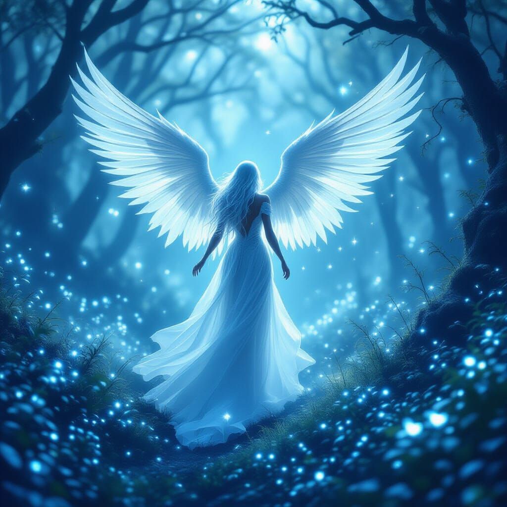 Moonlight Angel Descends into Glowing Forest