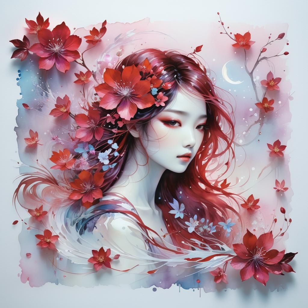 Dreamy Lake Glade at Night in Watercolor Style