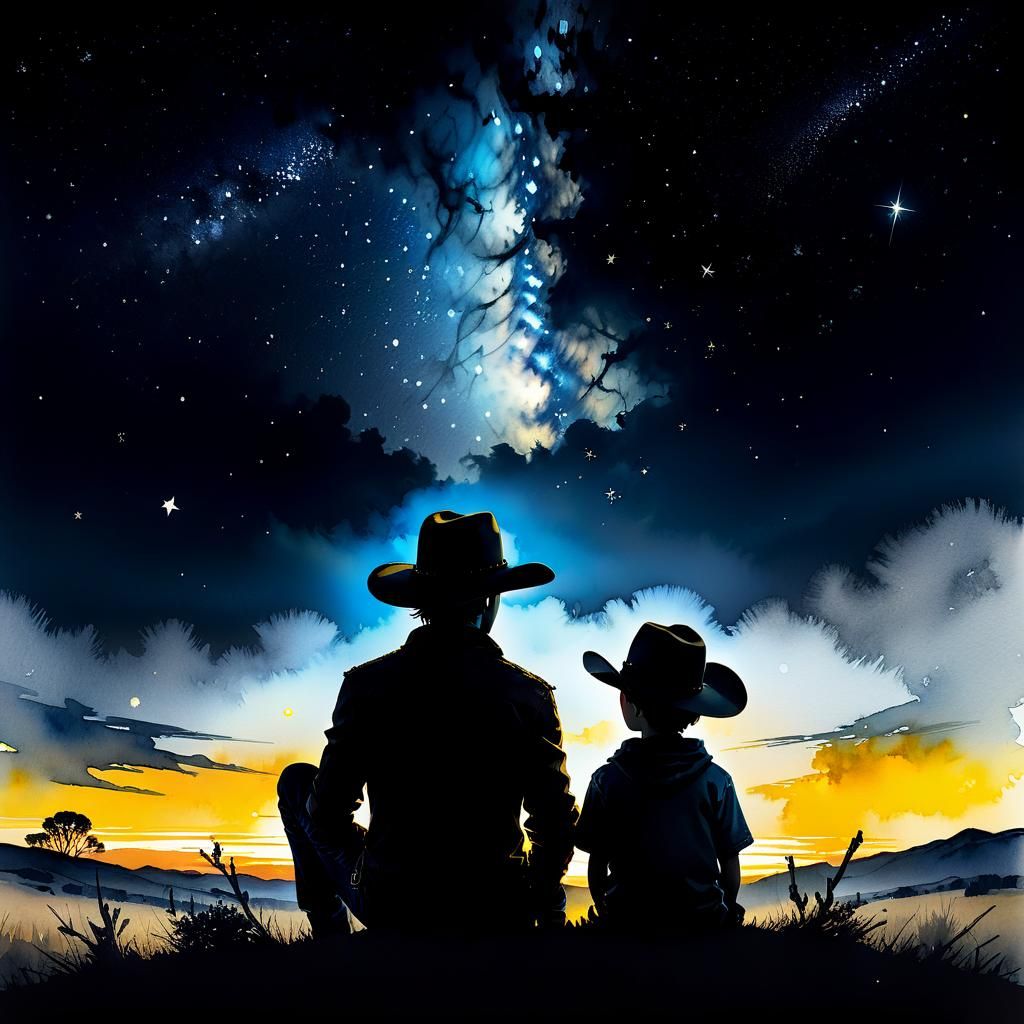 Watercolor Night Sky with Cowboy Silhouettes